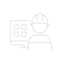 a simplified icon of a construction worker with a hard hat in front of a computer