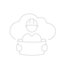 a simplified icon of a construction worker with a hard hat in front of a cloud holding a scroll
